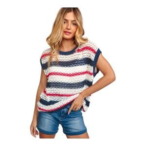 Haptics Patriotic Sweater Cap Sleeve Sheer Loose Knit Red White Blue Womens 2X